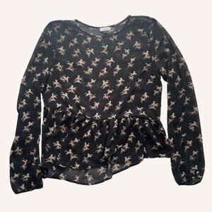MISMASH sheer peplum shirt, black with horses, size L